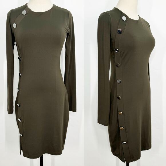 Susana Monaco Button Detail Dress Olive Green Long Sleeve Bodycon Office Size S - Picture 10 of 10